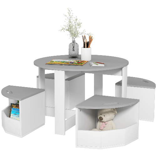 AIYAPLAY Set con Tavolo per Bambini e 4 Sgabelli Salvaspazio con Vano Contenitore in Legno, Grigio