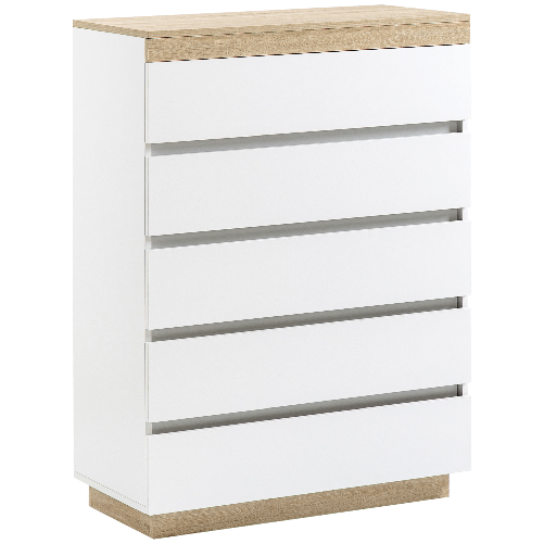 HOMCOM Cassettiera 5 Cassetti Minimal in Legno, 80x40x109 cm, Bianco e color Rovere