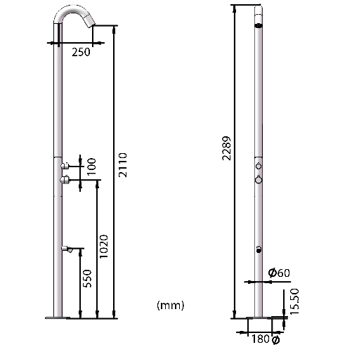 Sined-Quartu-Doccia-Per-Esterni-In-Acciaio-316l-Con-Soffione-e-Lavapiedi-h-2289-Cm-Inox-Oro-Rosa-Con-Soffione-Deviatore-e-Lavapiedi