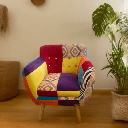 VOLERO-Poltrona-Patchwork-Design-Modello-Cassandra-Rivestimento-in-Stoffa-e-Velluto-Multicolore-Struttura-in-Legno.