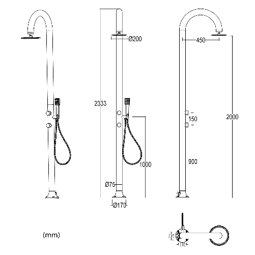 Sined-Luna-Alu-d-Grigia-Sensor-Doccia-Per-Esterno-Con-Doppio-Attacco-Soffione-Sensor-Tondo-Grigio