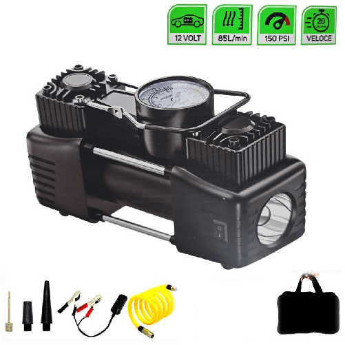 COMPRESSORE PORTATILE 12V 150 PSI MINI GONFIATORE RUOTE 85 LITRI/MIN MANOMETRO