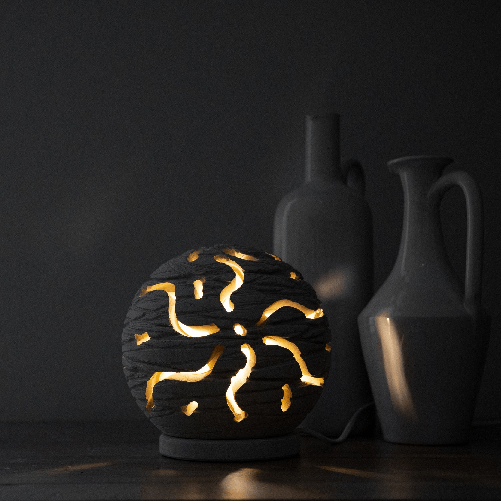 Maestro-d-arte-De-Iaco-Alfredo---Lampada-da-terra-o-tavolo-SFERA-SPAZZOLATA-Grande-scultura-decorazione-in-Pietra-Leccese-salentina-misure-25-x-23-cm