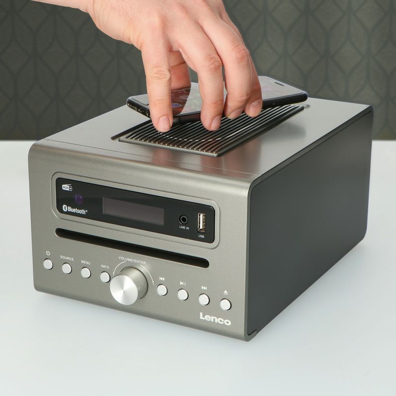 Lenco-MC-175-Impianto-Compatto-Dab-e-FM-Lettore-CD-MP3-Bluetooth-2-x-USB-Caricatore-Qi-Argento