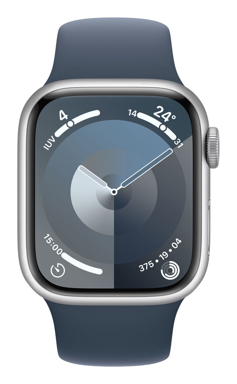 Apple-Watch-9-41mm-GPS-Cassa-in-alluminio-argento-con-cinturino-Sport-Blu-tempesta-S-M-Italia