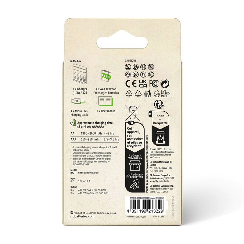 GP-Batteries-ReCyko-B441-4-Port-Modello-USB-Caricabatterie-con-4xAAA-NiMh-850mAh