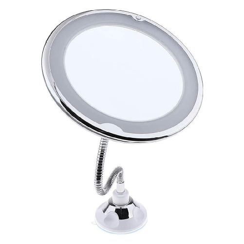 TrAdE Shop Traesio  Specchio Per Trucco Ingrandimento 10x Led Rotazione A 360° Ventosa Tubo Metallo Rotondo -