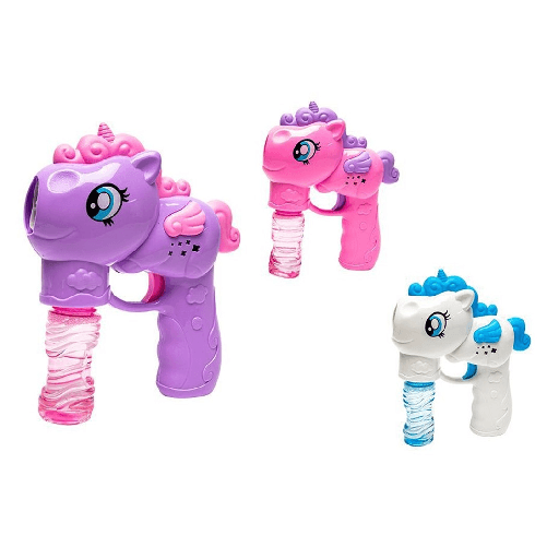 TrAdE Shop Traesio  Pistola Spara Bolle A Forma Di Pony Con 2 Flaconi Di Ricarica Da 50 Ml 3 Colori 6726065 -