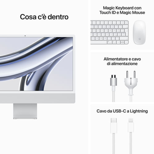 Apple-Computer-Desktop-All-in-One-iMac-con-Chip-M3-CPU-8-Core-GPU-10-Core-Display-Retina-4.5K-24---8Gb-di-Memoria-Unificata-512Gb-di-Archiviazione-Ssd-Accessori-in-Tinta-Color-Argento