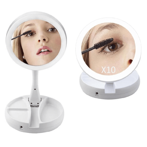 TrAdE Shop Traesio  Specchio Trucco Luce Led Da Tavolo Bifacciale 10x/1x 360° Contenitore Portatile Pieghevole -