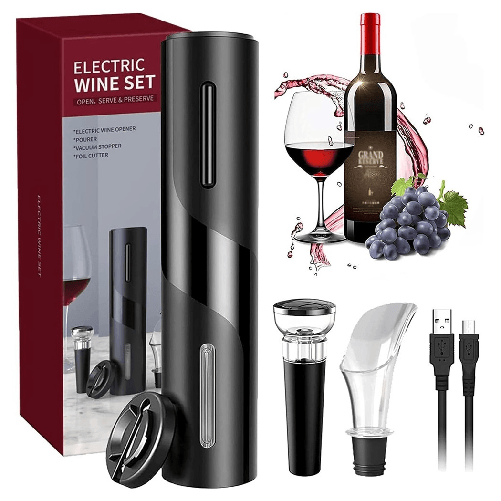 TrAdE Shop Traesio  Cavatappi Elettrico Vino Set Apribottiglie 5in1 Ricarica Usb Tagliapasta Tappo Versatore -
