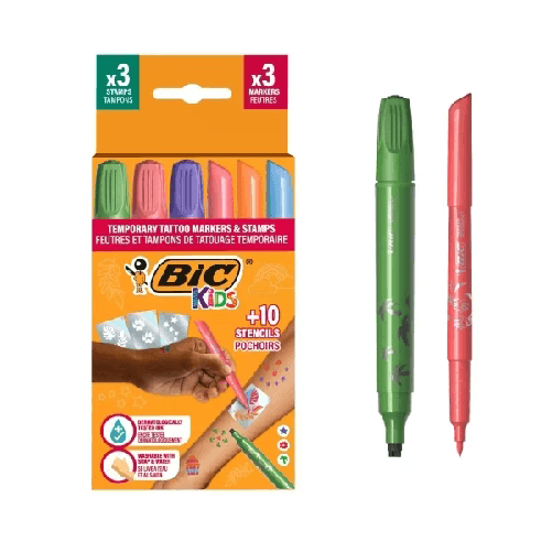 BIC  Confezione di tatuaggi temporanei Bic Kids 3 timbri + 3 pennarelli + 10 stencil