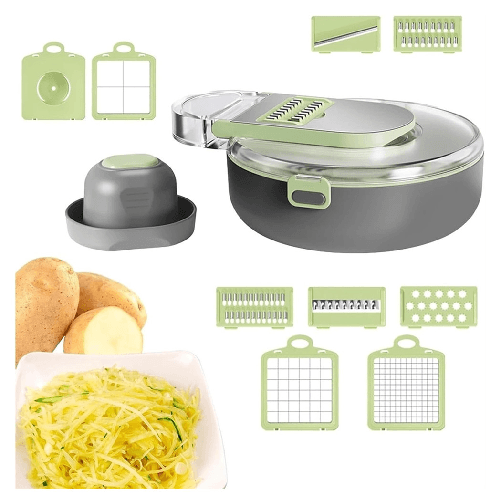 TrAdE Shop Traesio  Affettatrice 9in1 Tritatutto Portatile In Acciaio Con Cestello Scolapiatti Multifunzionale -