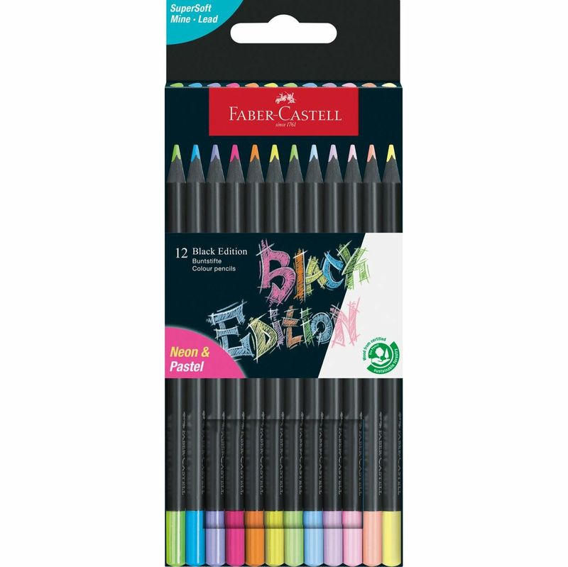 Astuccio-12-matite-triangolari-Black-Edition-pastel-e-neon-Faber-Castell