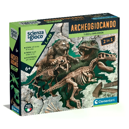 CLEMENTONI                                                    Scienza &amp; Gioco Archeogiocando -T-Rex / Smilodon 2 In 1