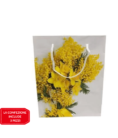 TrAdE Shop Traesio  Set 3pz Buste Busta Regalo Mimosa 25x8x20cm Borsa Idea Regalo Festa Della Donna -