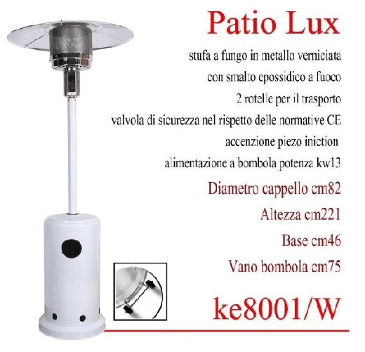 Ke grill ke8001/w stufa a fungo patio per esterni colore bianco a gas bombola trasportabile potenza 13 kw
