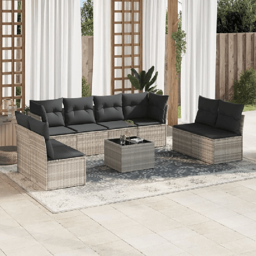 VidaXL Set Divano da Giardino 9pz con Cuscini Grigio Chiaro Polyrattan