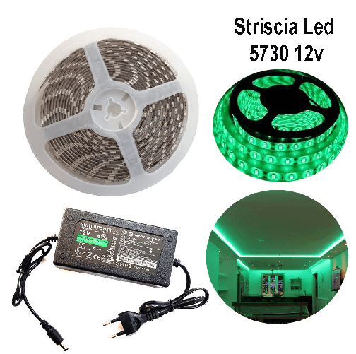 STRISCIA-STRIP-LED-5730-5M-ADESIVA-LUCE-IP65-ALIMENTATORE-12V-5A-VERDE-12W-M