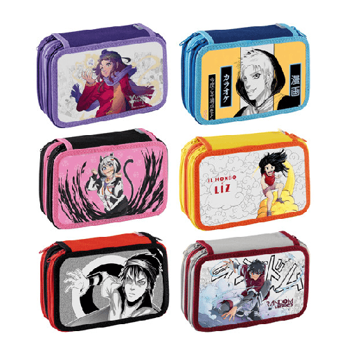 Senza marca/Generico  Astuccio 3 scomparti generico, fantasie manga assortite, 20x14x7,5 cm, zip resistenti