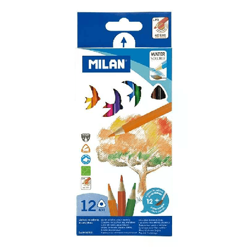 Milan  Confezione da 12 matite acquerellabili triangolari Milan + pennello - Mina da 29 mm