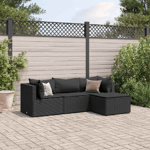 VidaXL Set Divani da Giardino 4 pz con Cuscini Nero in Polyrattan