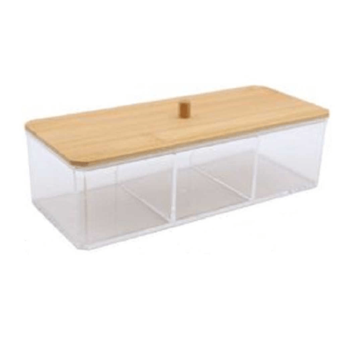 Cleafe Contenitore Organizer Per Cosmetici A 3 Scomparti Trasparente Con Coperchio In Legno 10827 -