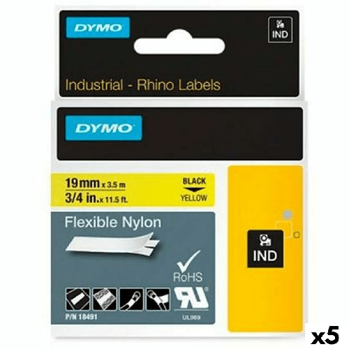 Dymo  Nastro Laminato per Etichettatrici Rhino Dymo ID1-19 19 x 3,5 mm Nero Giallo Autoadesive (5 Unità)