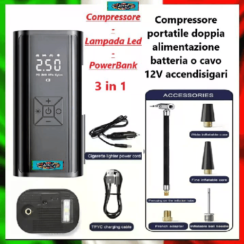 SariStore Compressore Portatile a Batteria 3 in 1 Gonfia Illumina Powerbank Cavo 12V Auto
