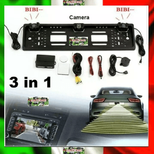 LEOVIN Porta Targa con Telecamera 4 LED + 2 Sensori Parcheggio Auto Retromarcia
