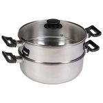 Set vaporiera Cook composto da 1 casseruola di 24 cm con 2 manici, 1 cestello con 2 manici, 1 coperchio in vetro di 24 cm Acciaio, Vetro Grigio