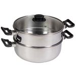 Set vaporiera Cook composto da 1 casseruola di 20 cm con 2 manici, 1 cestello con 2 manici e 1 coperchio in vetro di 20 cm Acciaio, Vetro Grigio