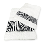 SET ASCIUGAMANI spugna JACQUARD 1+1 VISO e ospite ZEBRATO bianco e SACCO WASHY