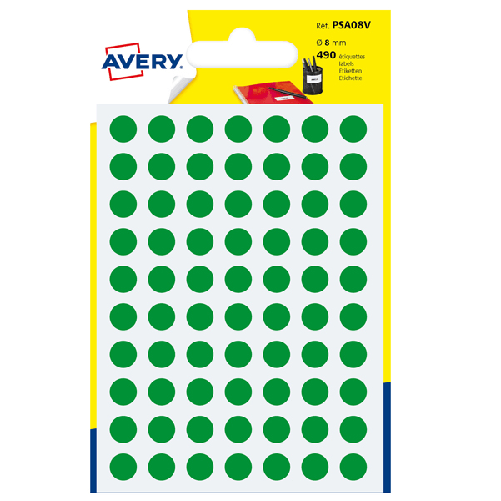 Blister-490-etichetta-adesiva-tonda-PSA-verde-Ø8mm-Avery