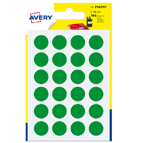 Blister-168-etichetta-adesiva-tonda-PSA-verde-Ø15mm-Avery