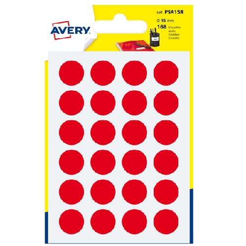 Blister-168-etichetta-adesiva-tonda-PSA-rosso-Ø15mm-Avery