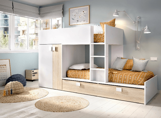 Dmora Letto per bambini Dannon, Cameretta completa con armadio e cassetti