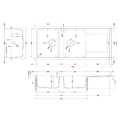 Elleci-Lavello-Incasso-2-vasche-116x50-Life-500-Granitek-Grigio-Tortora-LG250043