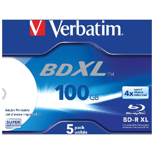 Verbatim-BD-R-XL-100GB--4x-Ampia-area-stampabile-a-getto-d-inchiostro-5-pezzi-in-Jewel-case