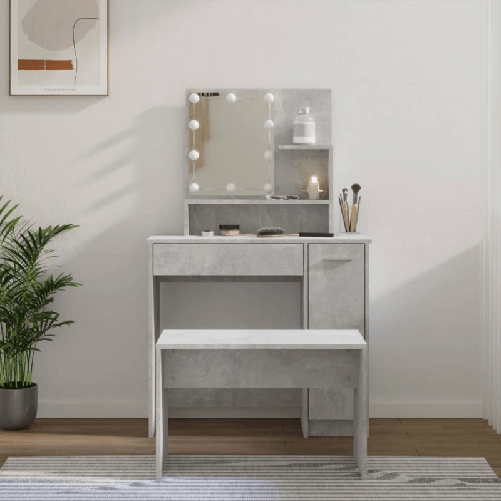 Set Tavolo da Toeletta Grigio Cemento con LED Legno ingegnerizzato