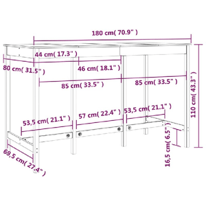 Tavolo da Bar Bianco 180x80x110 cm in Legno Massello di Pino