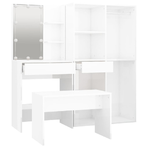vidaXL Set Tavolo da Toeletta Bianco Lucido con LED Legno Multistrato