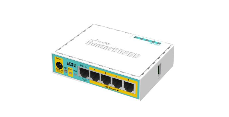 ROUTER-MIKROTIK-hEX-PoE-lite-with-650MHz-CPU64MB-RAM5xLAN--four-withPoE-out-USBRouterOS-L4plastic-case-and-PSU-RB750