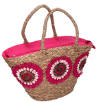 Vacchetti Borsa paglia naturale con fiori fucsia cm60x16h26/30