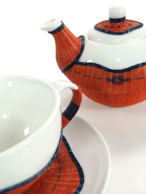 Vacchetti-Teiera-con-tazza-decoro-bambu--arancione-tazza-e-teiera