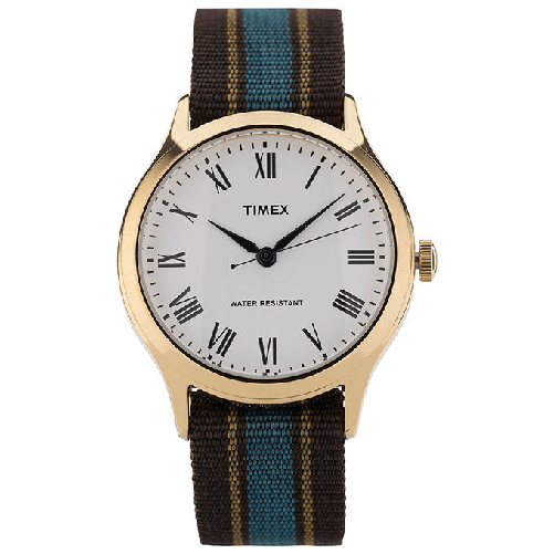 Timex-Orologio-al-quarzo-WHITNEY-AVENUE-quadrante-in-acciaio-35-MM-case-colore-oro---quadrante-bianco-cinturino-in-tessuto-Slavato-Marrone-Giallo-Turchese-18-MM-resistente-all-acqua-fino-a-50-M-di-profondita