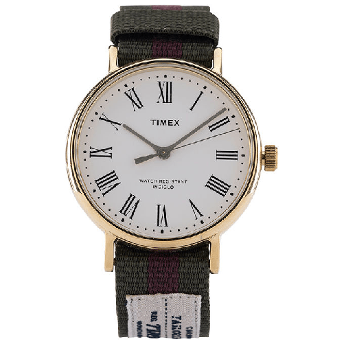 Timex-Orologio-al-quarzo-FAIRFIELD-AVENUE-quadrante-in-ottone-37-MM-case-colore-oro---quadrante-bianco-cinturino-in-tessuto-Reversibile-Slavato-Verde-Oliva-Porpora---Verde-Oliva-18-MM-con-luce-notturna-INDIGLO-resistente-all-acqua-fino-a-30-M-di-profondit