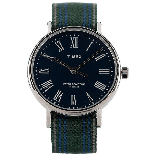 Timex-Orologio-al-quarzo-FAIRFIELD-AVENUE-quadrante-in-ottone-37-MM-case-colore-argento---quadrante-blu-cinturino-in-tessuto-Reversibile-Slavato-18-MM-con-luce-notturna-INDIGLO-resistente-all-acqua-fino-a-30-M-di-profondita