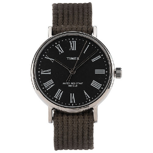 Timex-Orologio-al-quarzo-FAIRFIELD-AVENUE-quadrante-in-ottone-37-MM-case-colore-argento---quadrante-nero-cinturino-in-tessuto-Sabbia-slavato-Verde-18-MM-con-luce-notturna-INDIGLO-resistente-all-acqua-fino-a-30-M-di-profondita