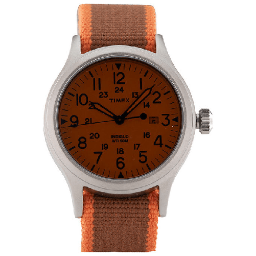 Timex-Orologio-al-quarzo-SCOUT-quadrante-in-ottone-40-MM-case-colore-acciaio---quadrante-perla---lente-arancione-cinturino-in-tessuto-Arancione-Ocra-20-MM-con-luce-notturna-INDIGLO-resistente-all-acqua-fino-a-50-M-di-profondita